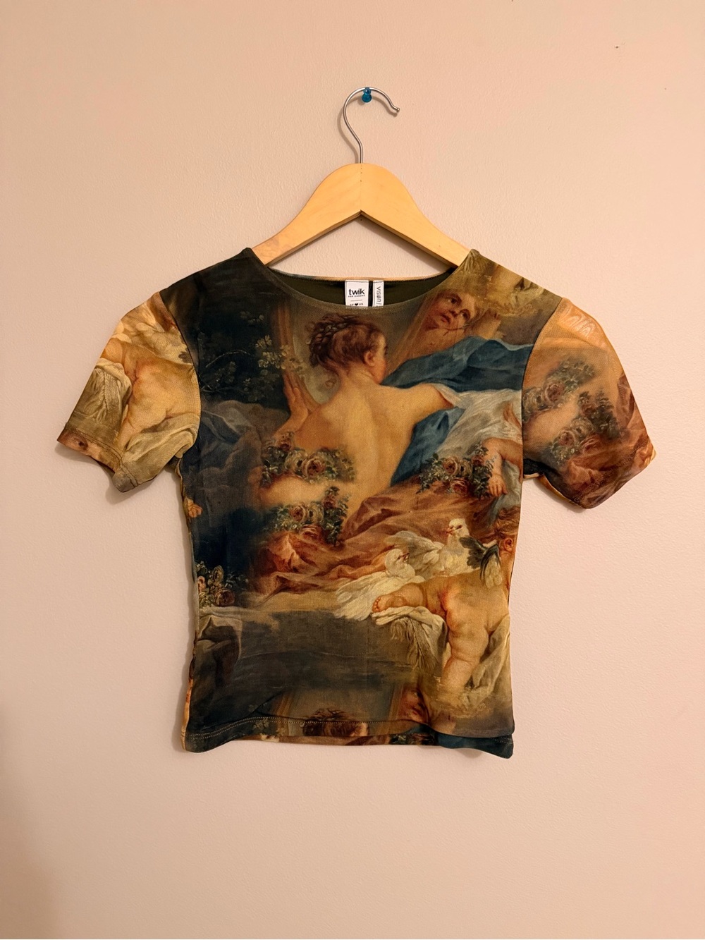 TWIK Women's Renaissance Art-Print Short Sleeve Tee in Multi Brown & Green